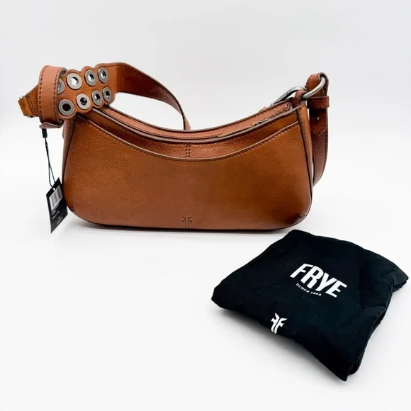 Frye Claire Leather Shoulder Bag Buckle Grommet Zip Top Cognac Brown NEW - Picture 5 of 16